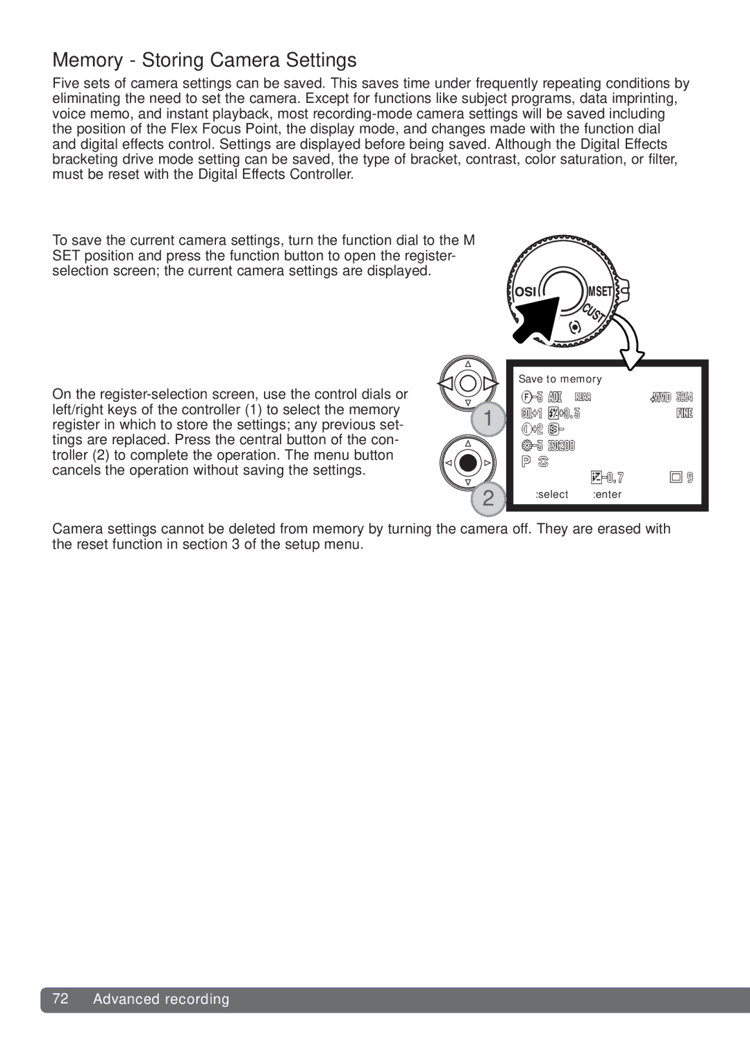 Konica Minolta DiMAGE_A2 instruction manual Memory Storing Camera Settings 