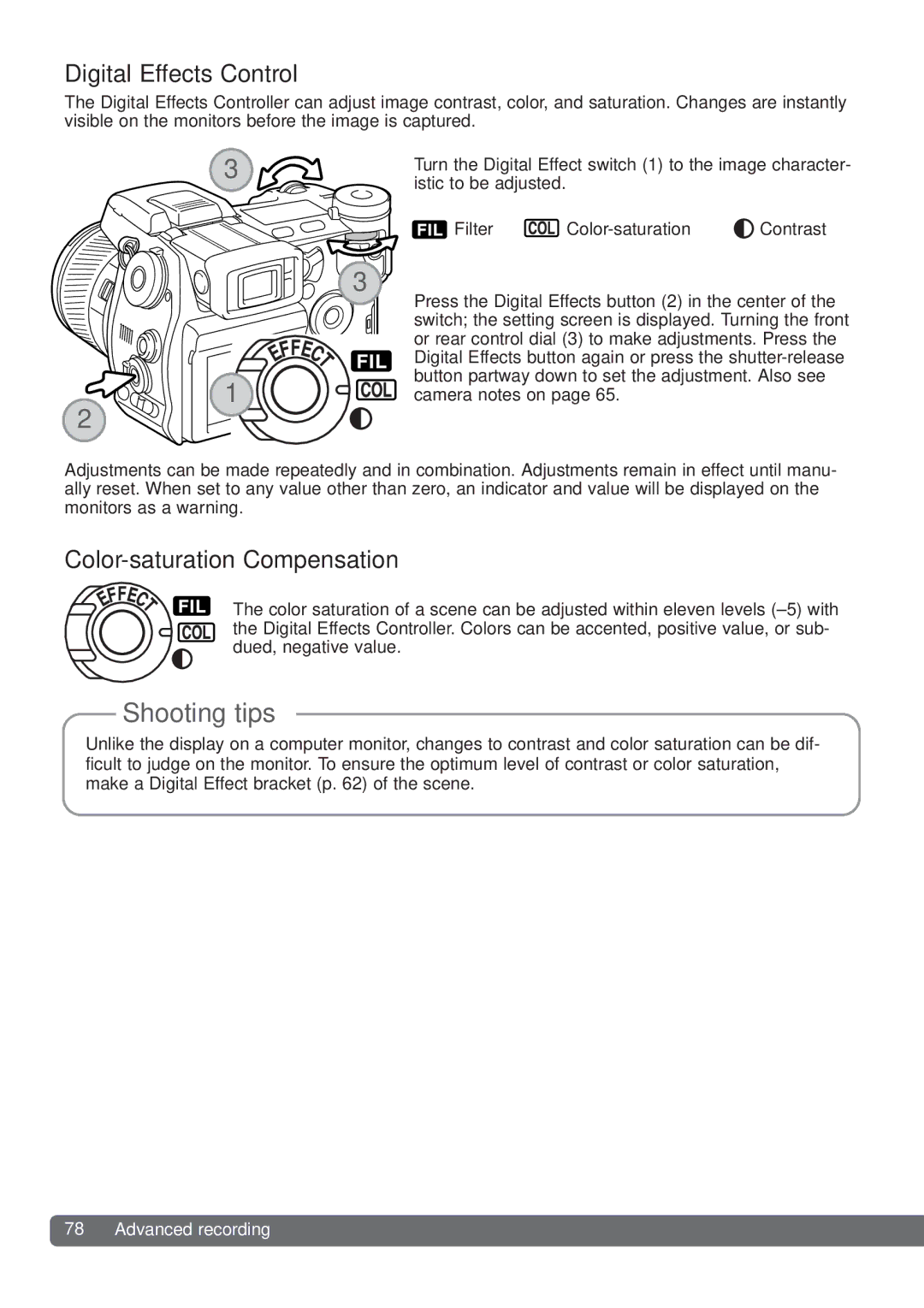 Konica Minolta DiMAGE_A2 instruction manual Digital Effects Control, Color-saturation Compensation 