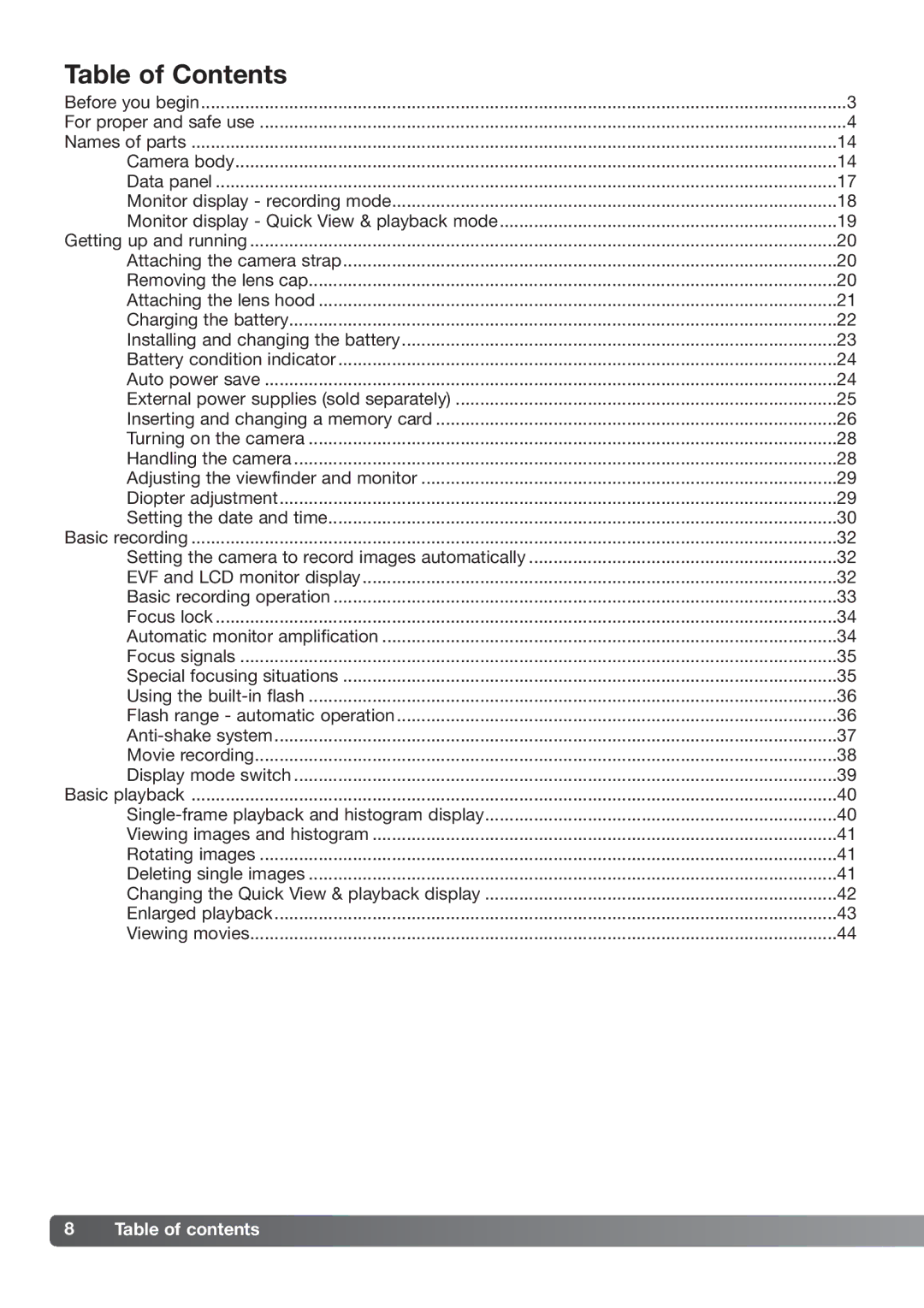 Konica Minolta DiMAGE_A2 instruction manual Table of Contents 