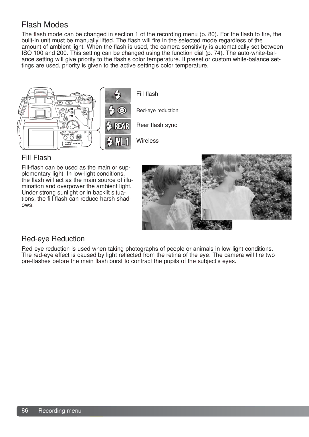 Konica Minolta DiMAGE_A2 instruction manual Flash Modes, Fill Flash, Red-eye Reduction 