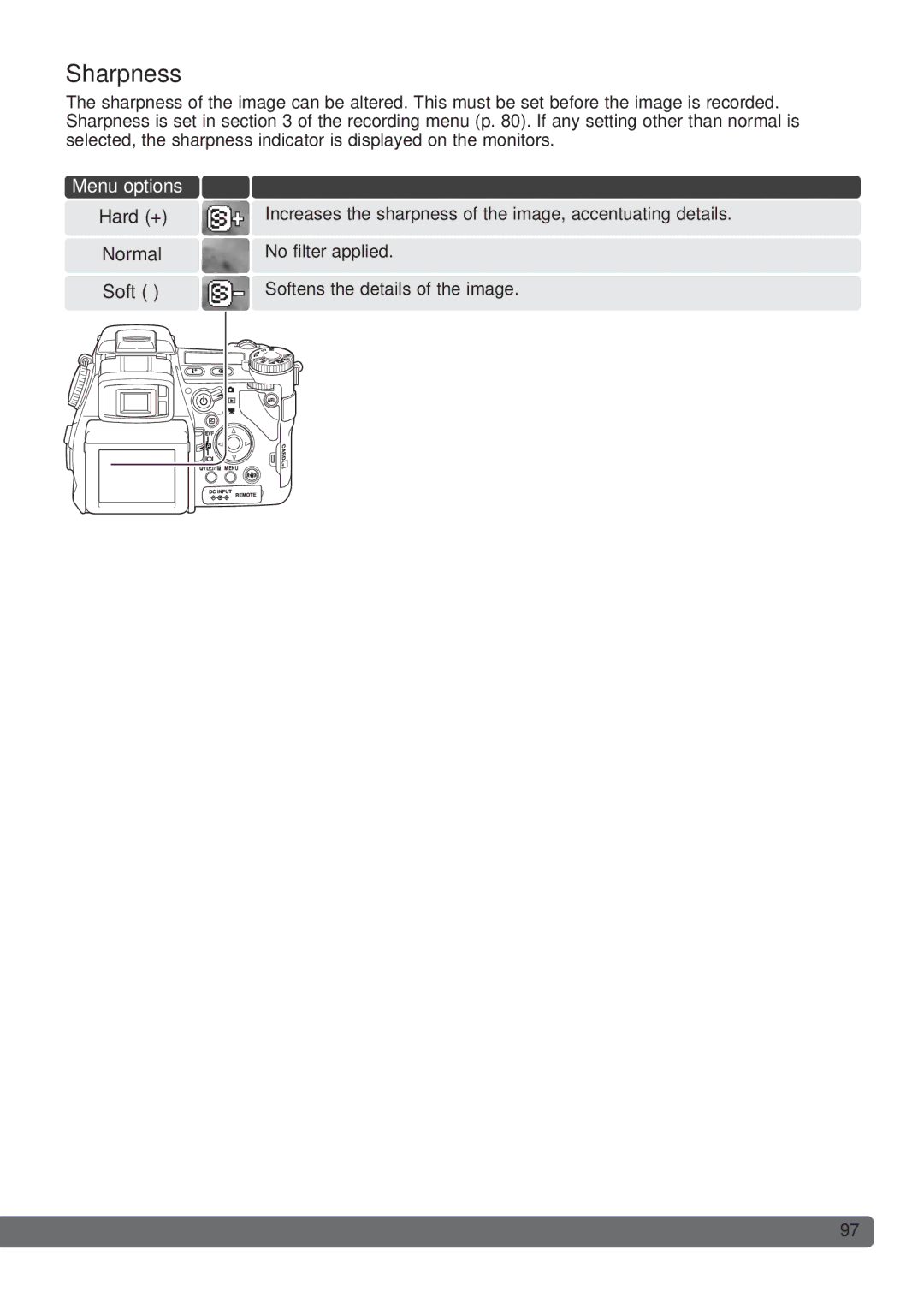 Konica Minolta DiMAGE_A2 instruction manual Sharpness, Menu options 