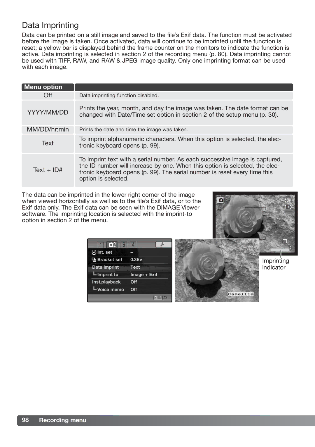 Konica Minolta DiMAGE_A2 instruction manual Data Imprinting, Yyyy/Mm/Dd 