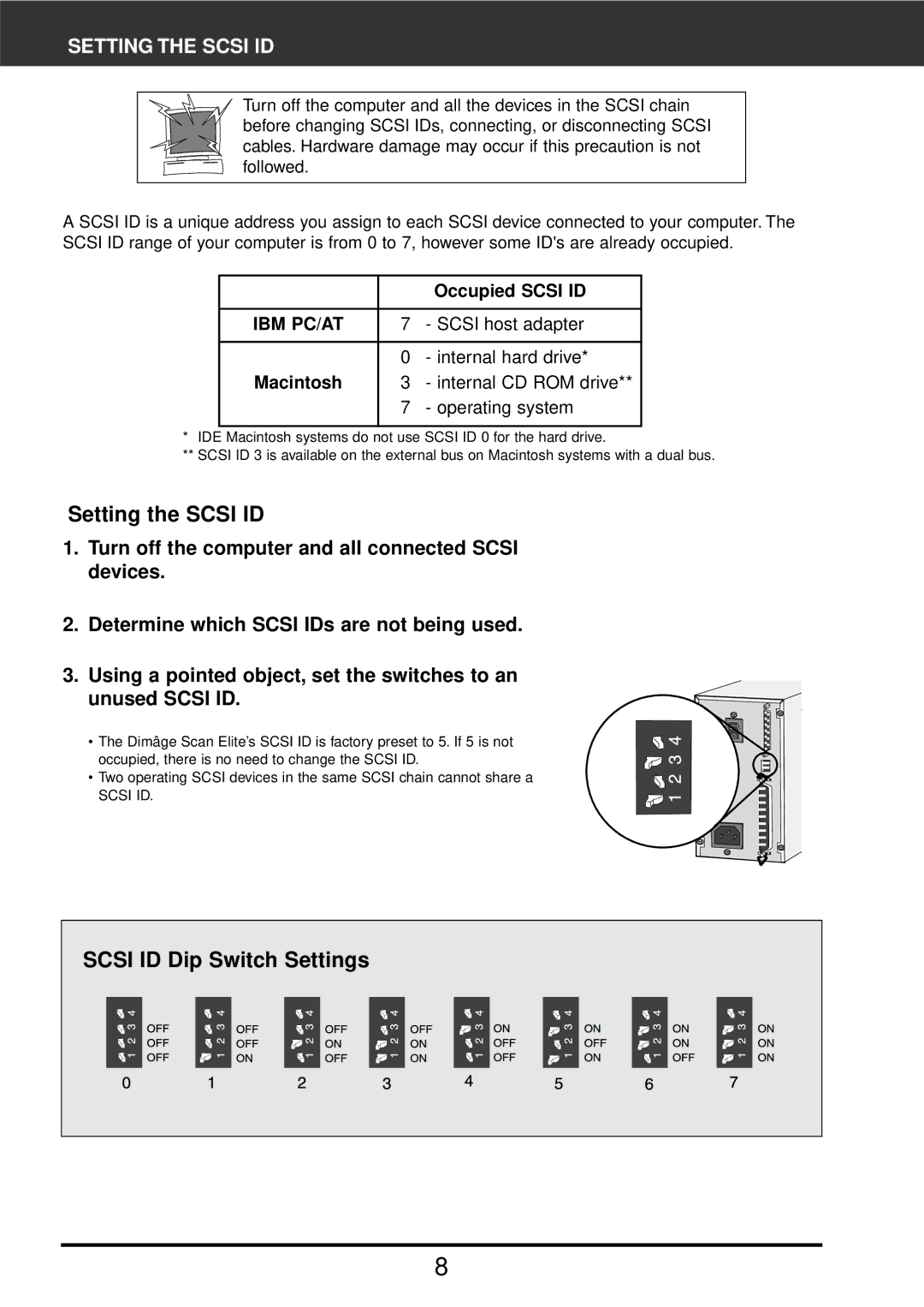 Konica Minolta F-2900 instruction manual Setting the Scsi ID, Scsi ID Dip Switch Settings 