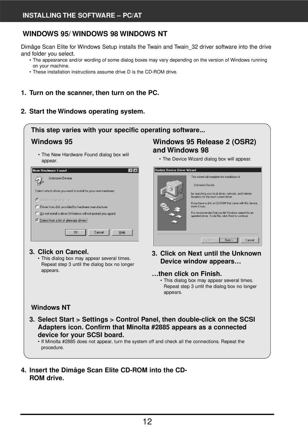 Konica Minolta F-2900 instruction manual Windows Windows 95 Release 2 OSR2, Installing the Software PC/AT, Click on Cancel 