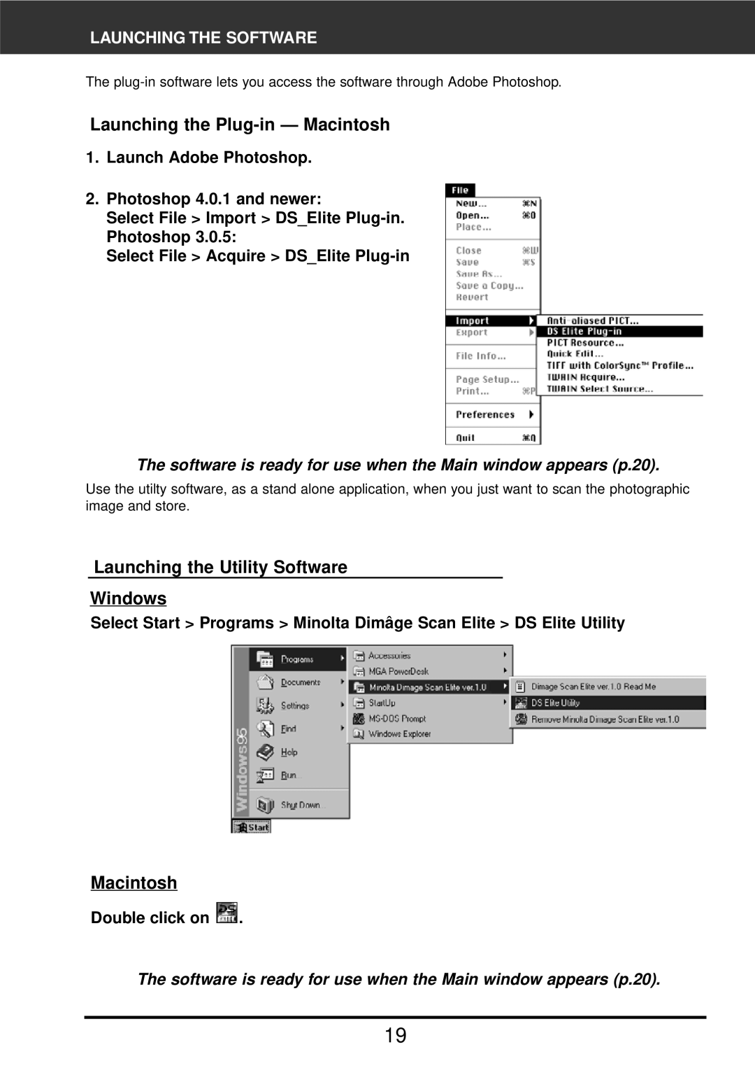 Konica Minolta F-2900 Launching the Plug-in Macintosh, Launching the Utility Software Windows, Double click on 