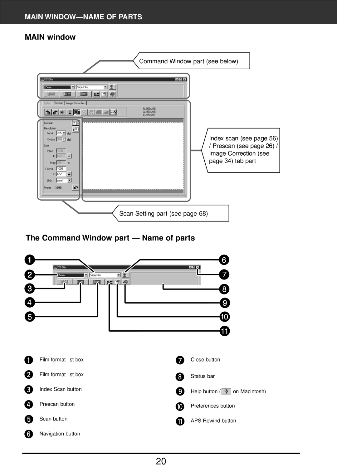 Konica Minolta F-2900 instruction manual Main window, Command Window part Name of parts, Main WINDOW-NAME of Parts 