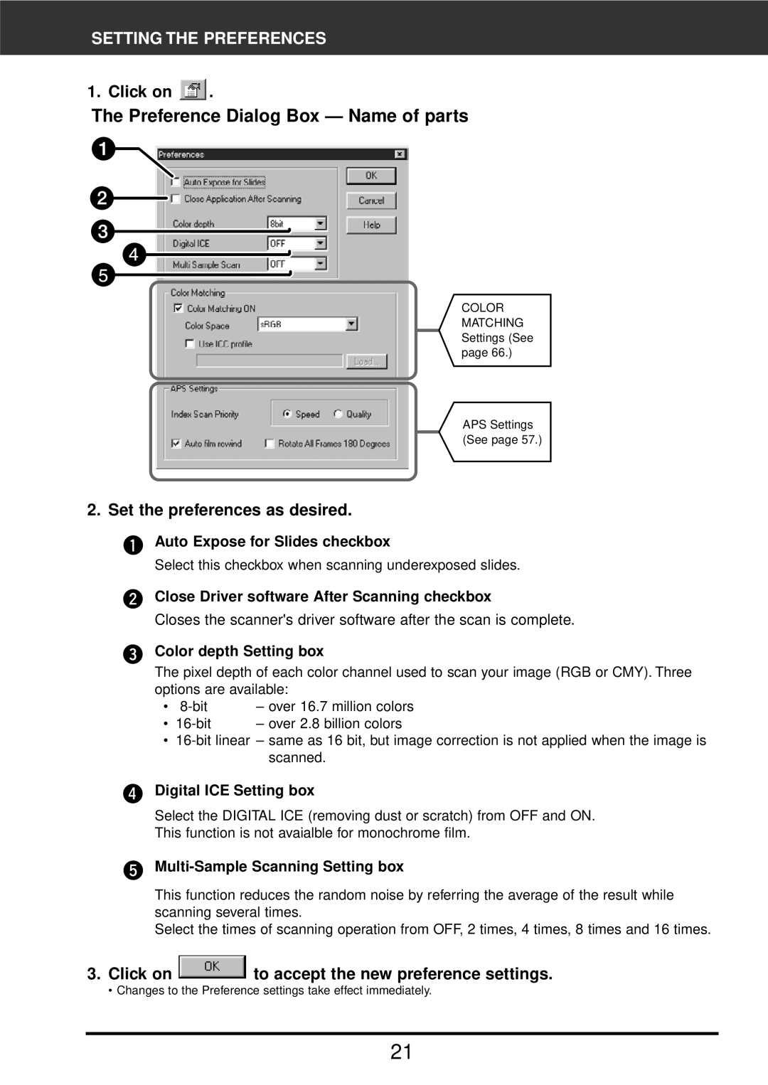 Konica Minolta F-2900 Preference Dialog Box Name of parts, Setting the Preferences, Set the preferences as desired 