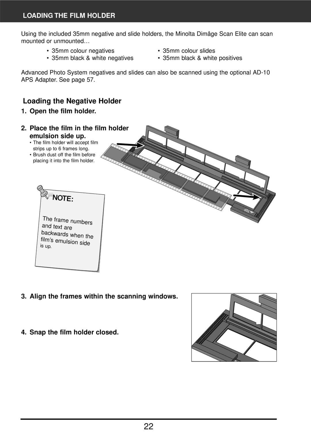 Konica Minolta F-2900 instruction manual Loading the Negative Holder, Loading the Film Holder 