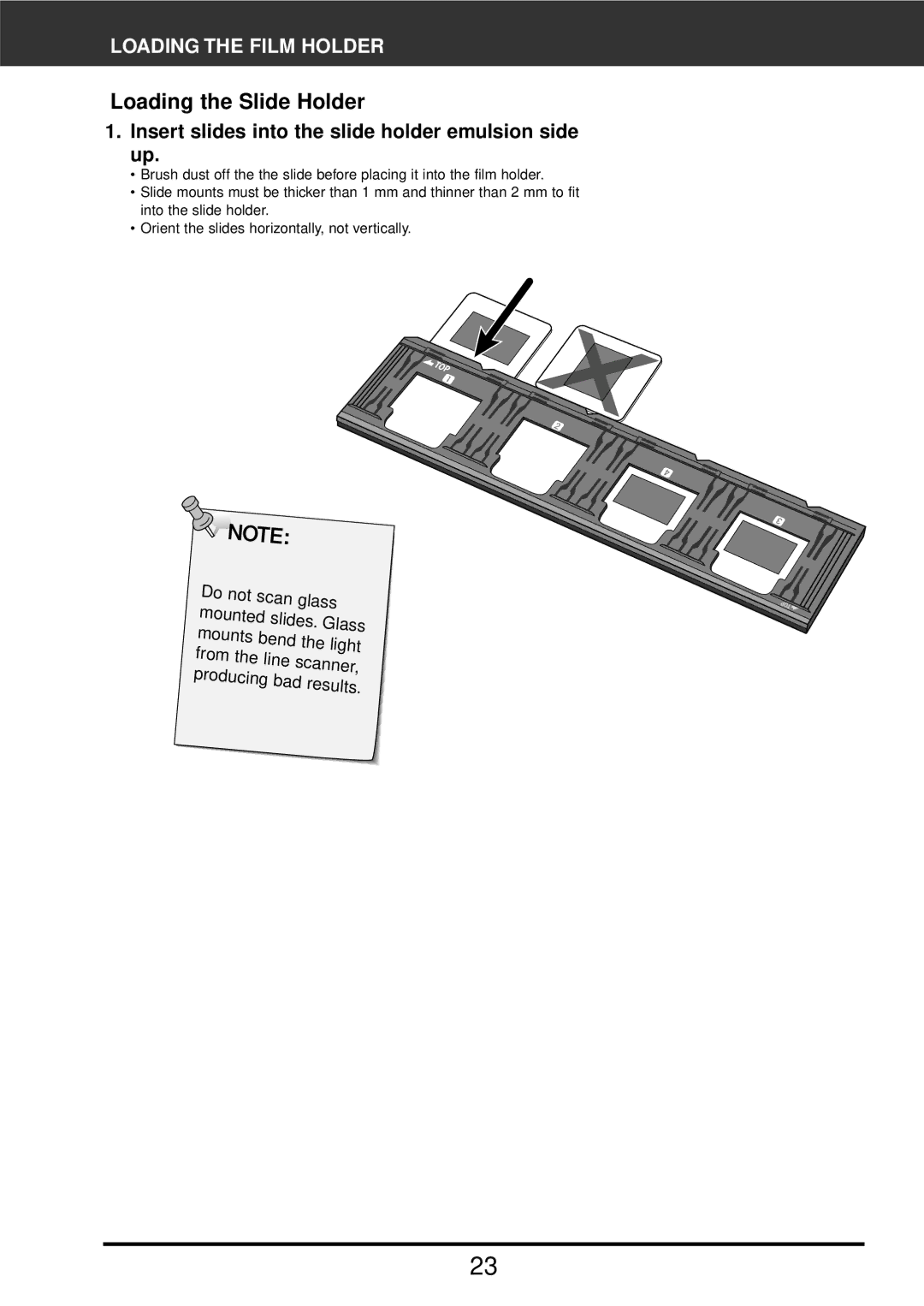 Konica Minolta F-2900 instruction manual Loading the Slide Holder, Insert slides into the slide holder emulsion side up 