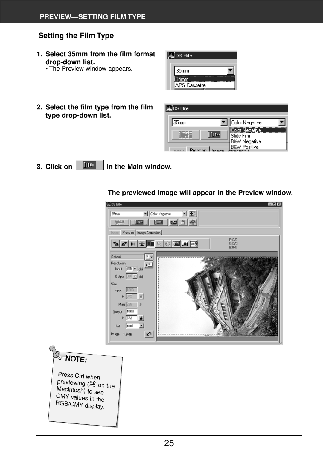 Konica Minolta F-2900 Setting the Film Type, PREVIEW-SETTING Film Type, Select 35mm from the film format Drop-down list 