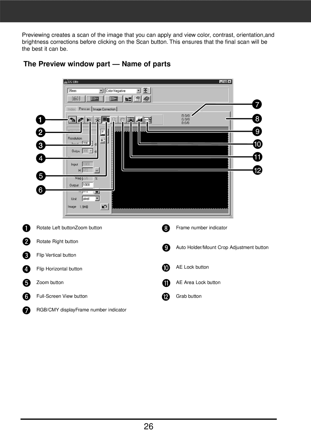 Konica Minolta F-2900 instruction manual Preview window part Name of parts 