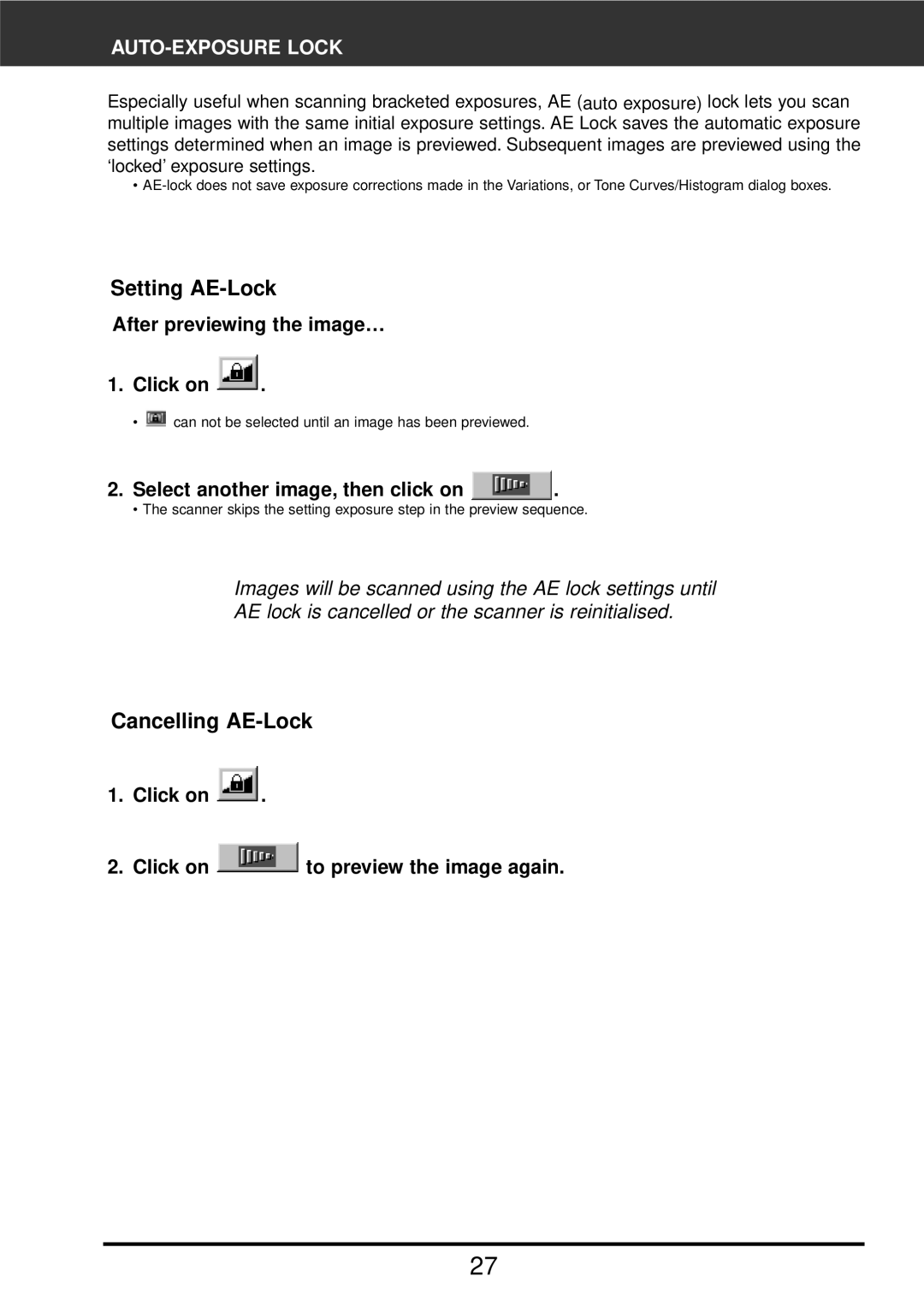 Konica Minolta F-2900 instruction manual Setting AE-Lock, Cancelling AE-Lock, AUTO-EXPOSURE Lock 