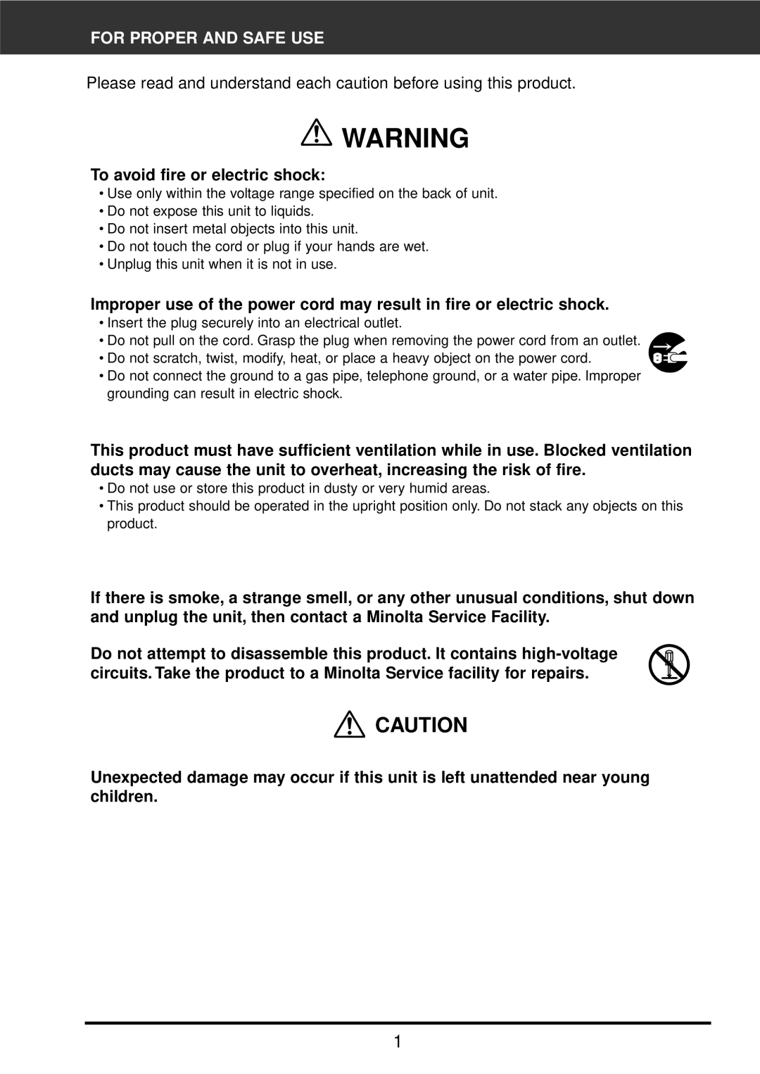 Konica Minolta F-2900 instruction manual For Proper and Safe USE, To avoid fire or electric shock 