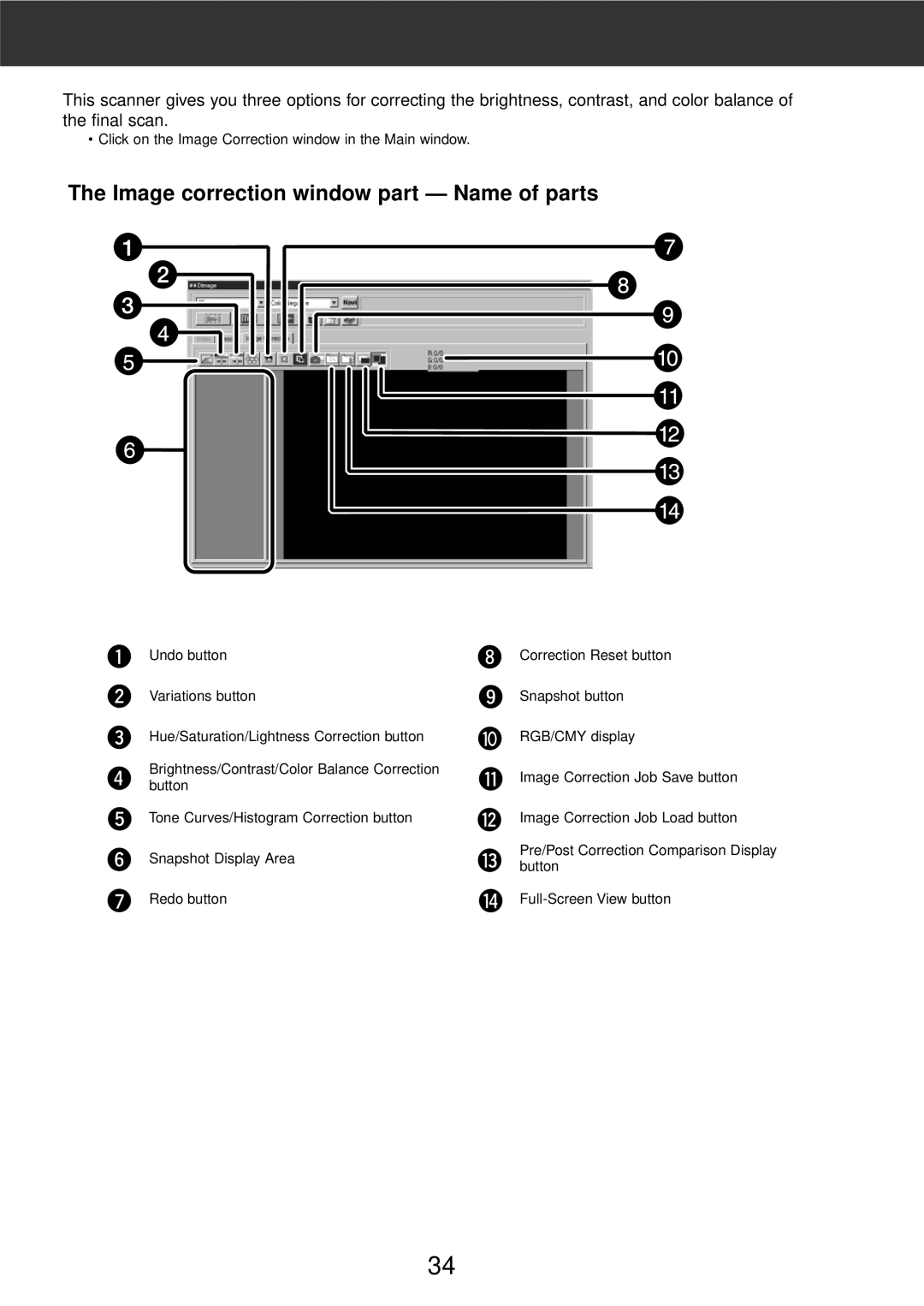 Konica Minolta F-2900 instruction manual Image correction window part Name of parts 