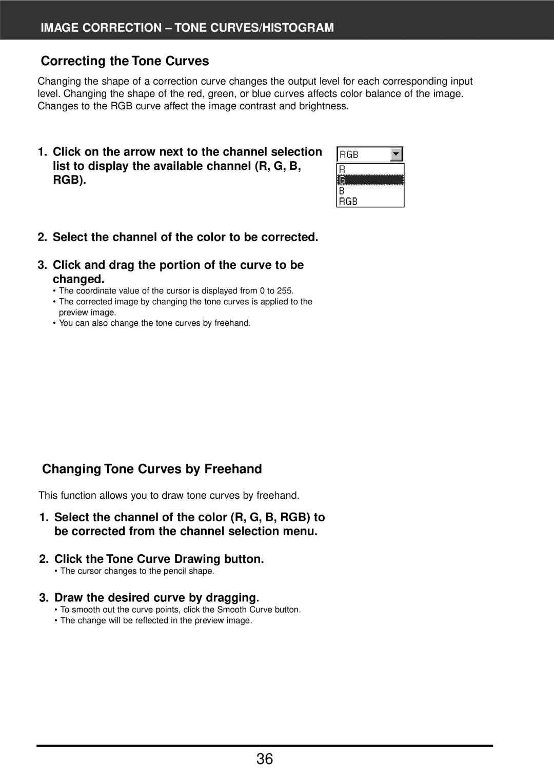 Konica Minolta F-2900 Correcting the Tone Curves, Changing Tone Curves by Freehand, Draw the desired curve by dragging 