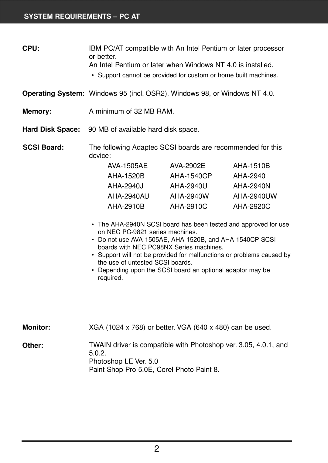 Konica Minolta F-2900 instruction manual System Requirements PC AT, Monitor Other 