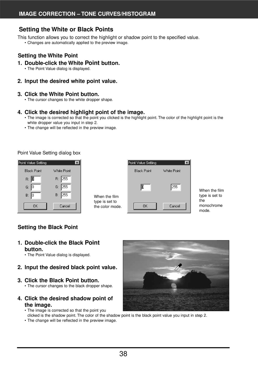 Konica Minolta F-2900 Setting the White or Black Points, Setting the White Point Double-click the White Point button 