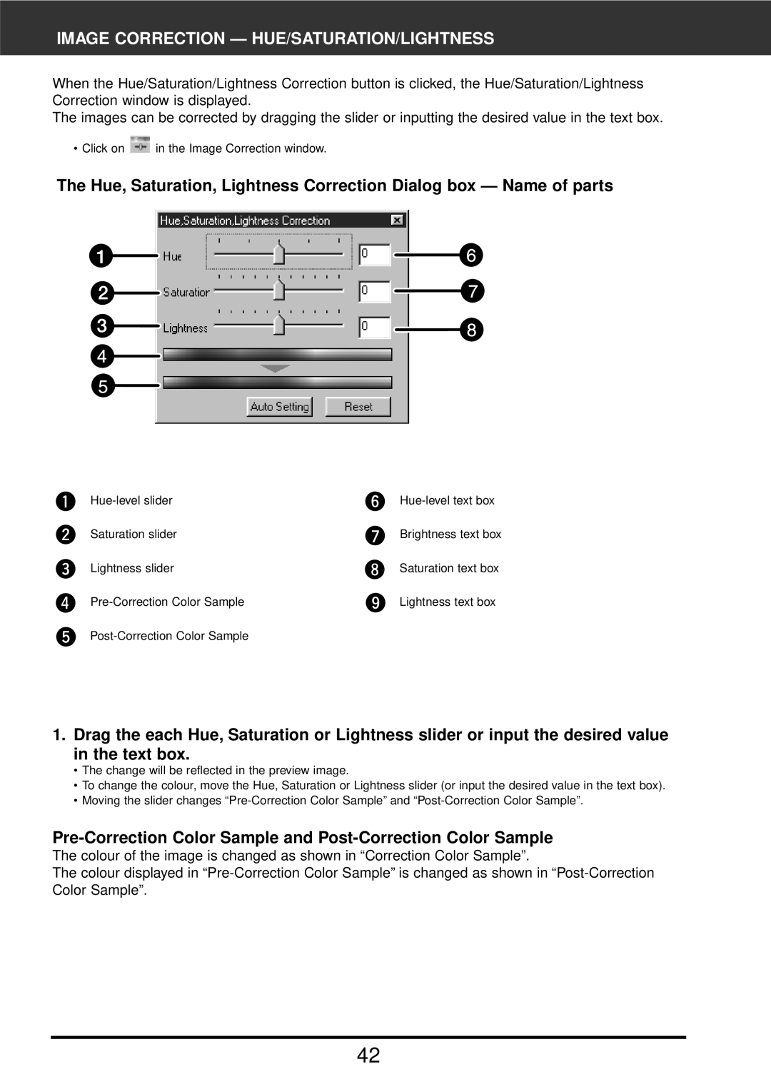 Konica Minolta F-2900 instruction manual Image Correction HUE/SATURATION/LIGHTNESS 