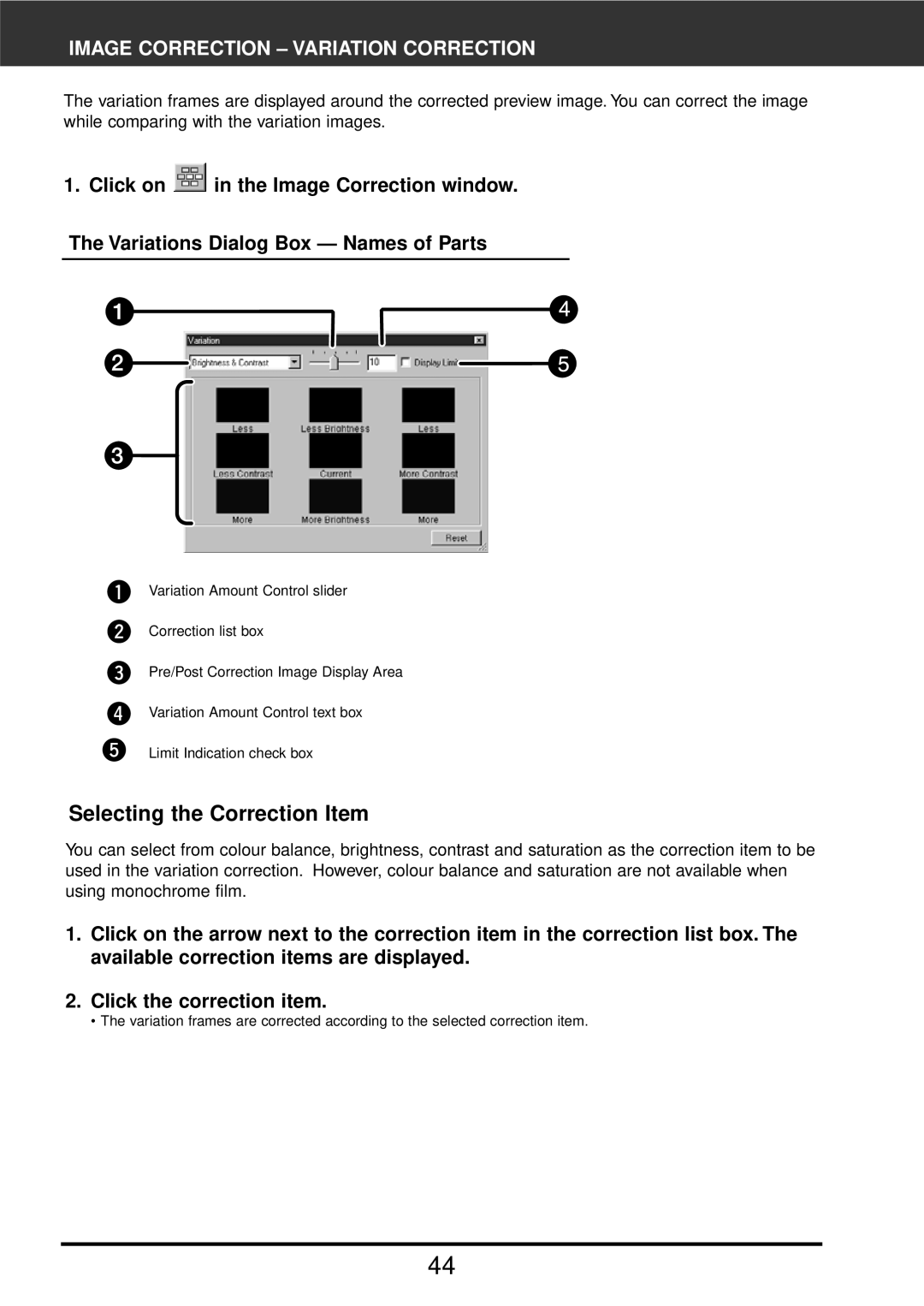 Konica Minolta F-2900 instruction manual Selecting the Correction Item, Image Correction Variation Correction 