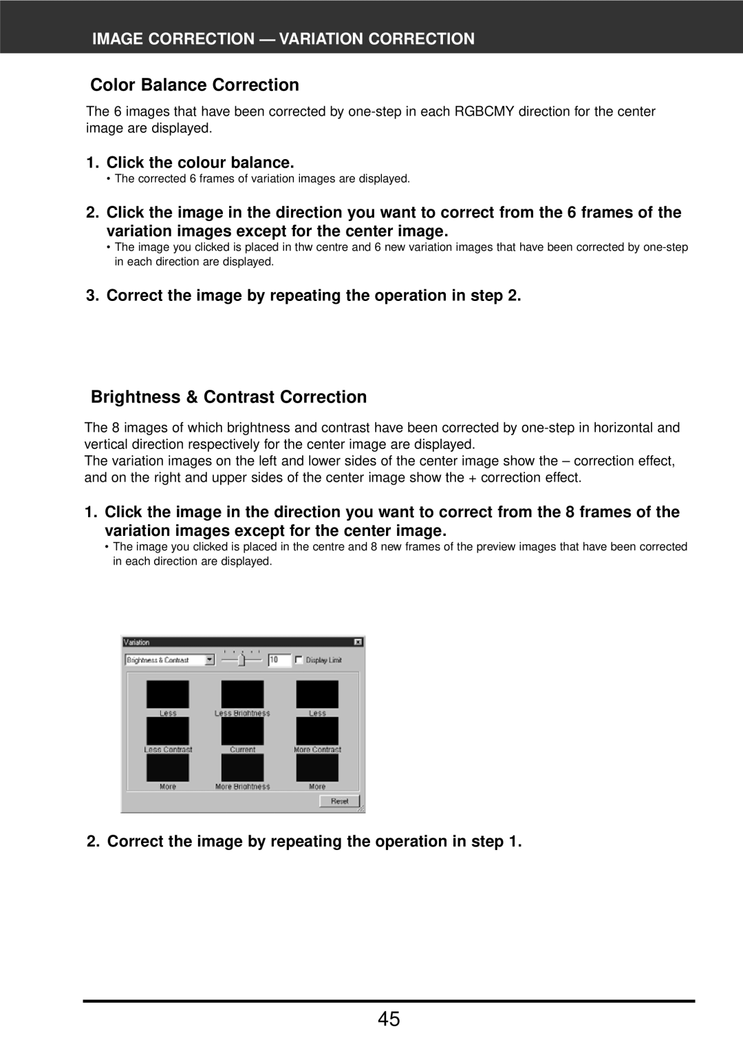 Konica Minolta F-2900 Color Balance Correction, Brightness & Contrast Correction, Click the colour balance 