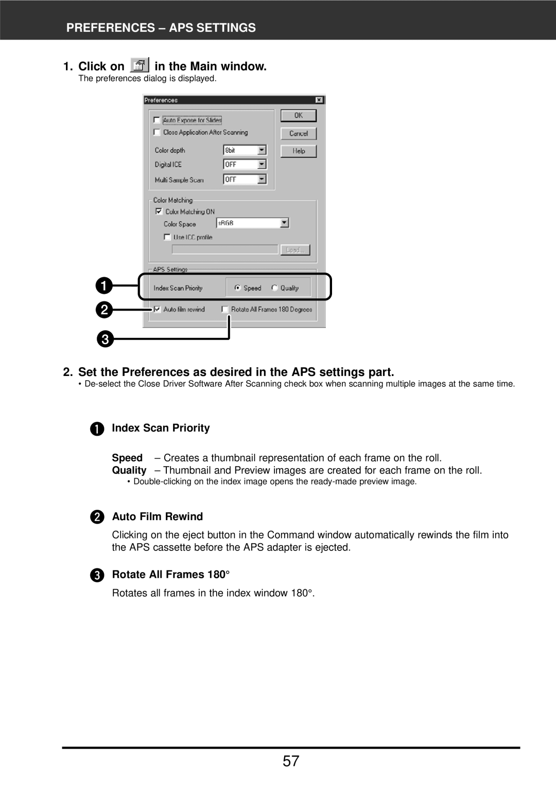 Konica Minolta F-2900 instruction manual Preferences APS Settings, Set the Preferences as desired in the APS settings part 