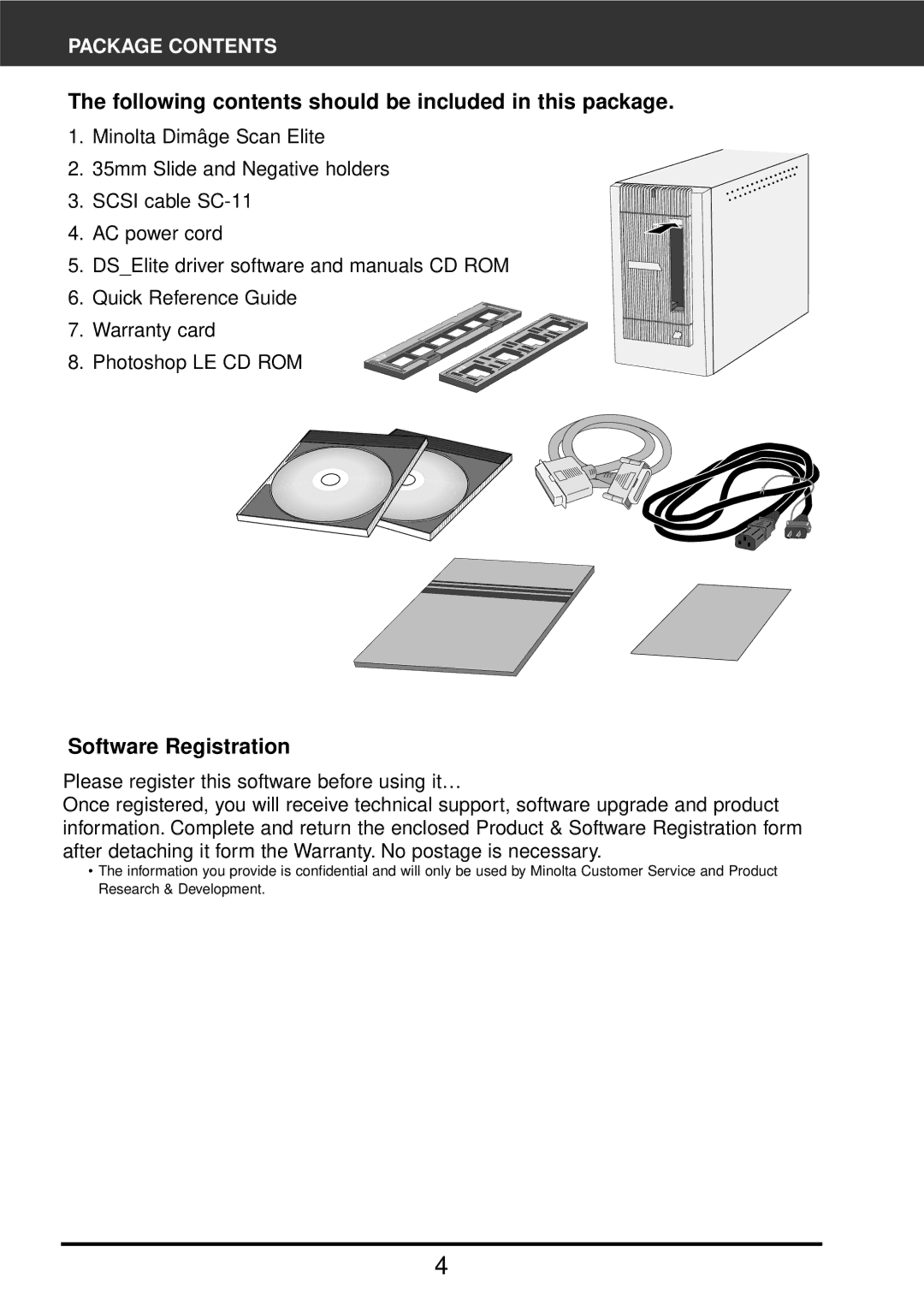 Konica Minolta F-2900 instruction manual Following contents should be included in this package, Software Registration 