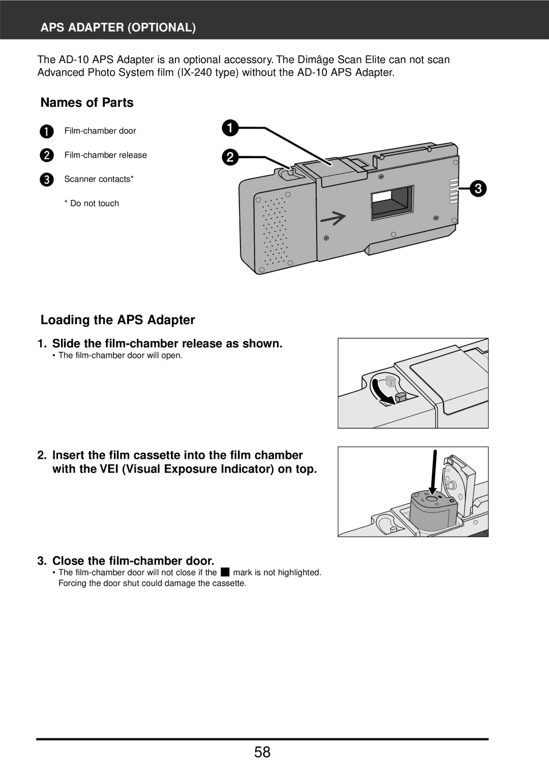 Konica Minolta F-2900 instruction manual Names of Parts, Loading the APS Adapter, APS Adapter Optional 