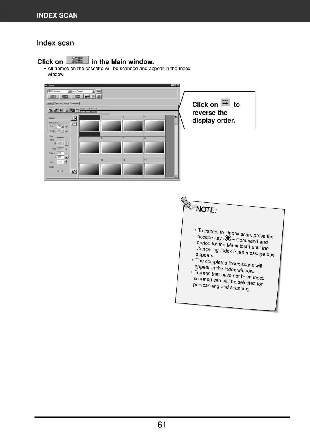 Konica Minolta F-2900 instruction manual Index scan, Click on to reverse the display order 