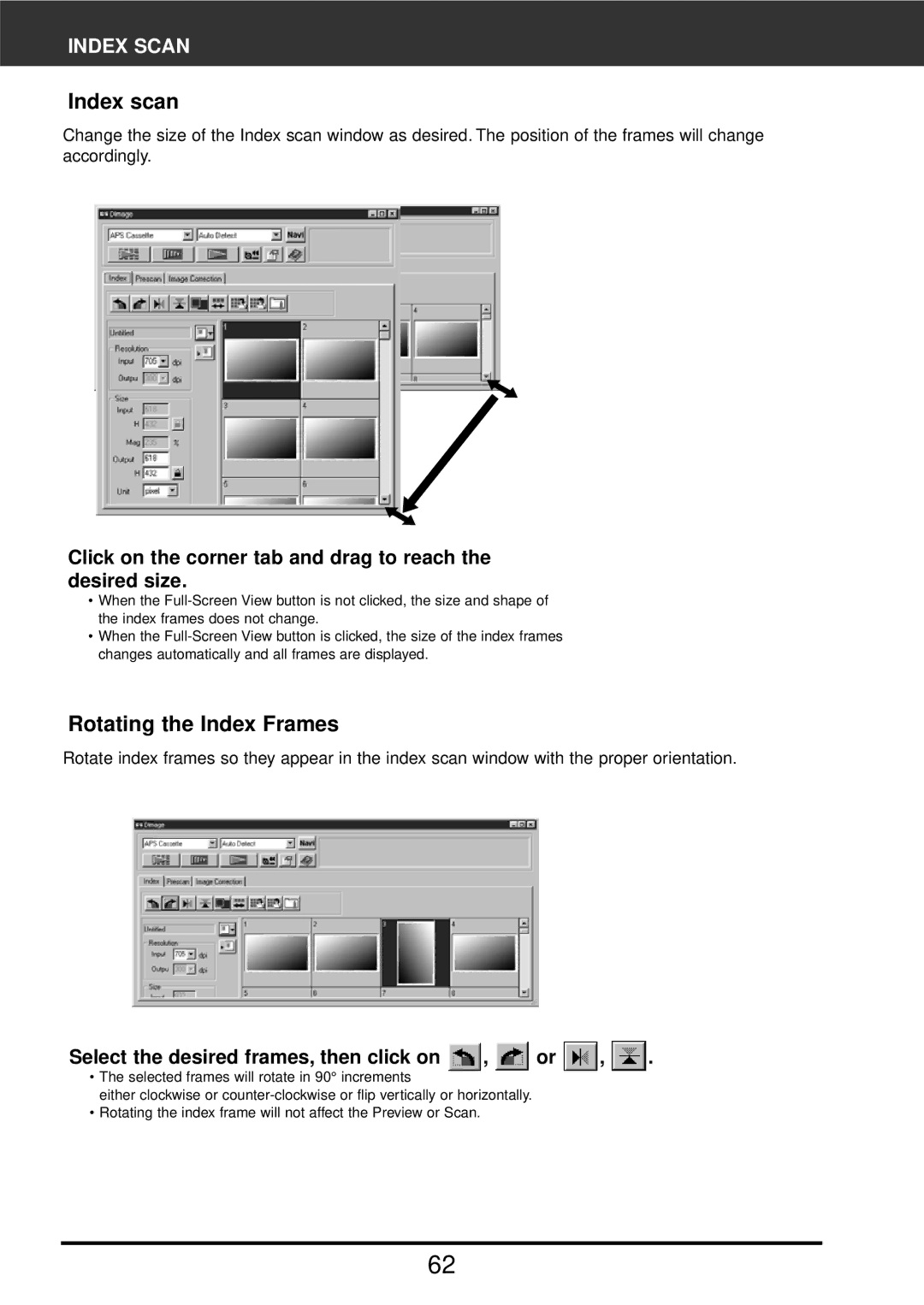 Konica Minolta F-2900 Rotating the Index Frames, Click on the corner tab and drag to reach the desired size 