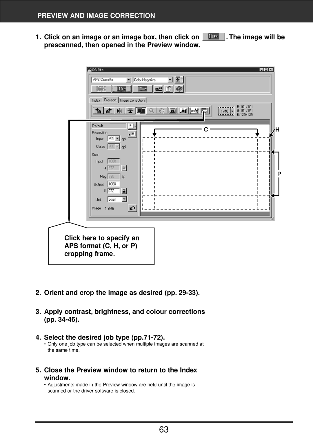 Konica Minolta F-2900 Preview and Image Correction, Close the Preview window to return to the Index window 