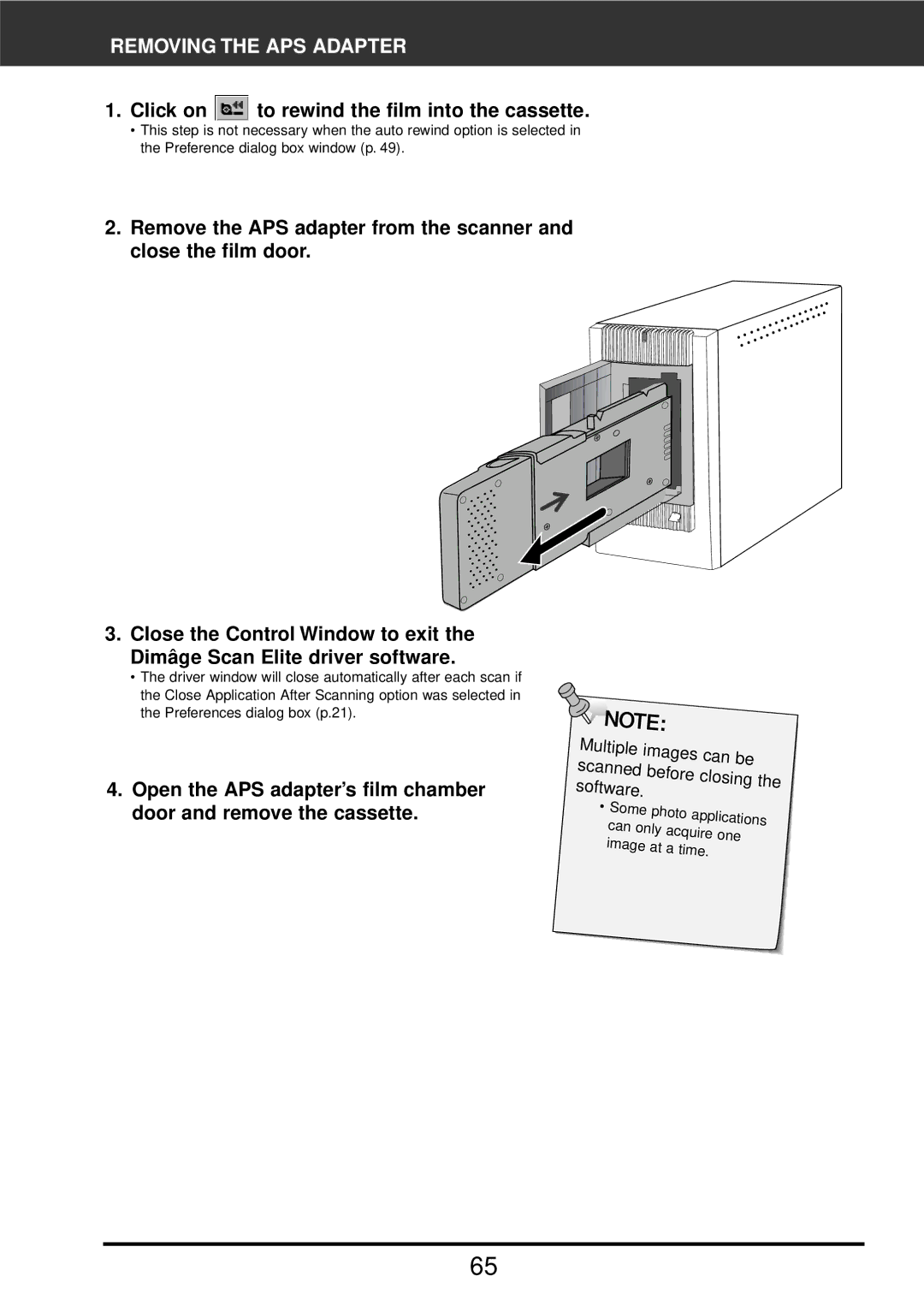 Konica Minolta F-2900 instruction manual Removing the APS Adapter, Click on to rewind the film into the cassette 