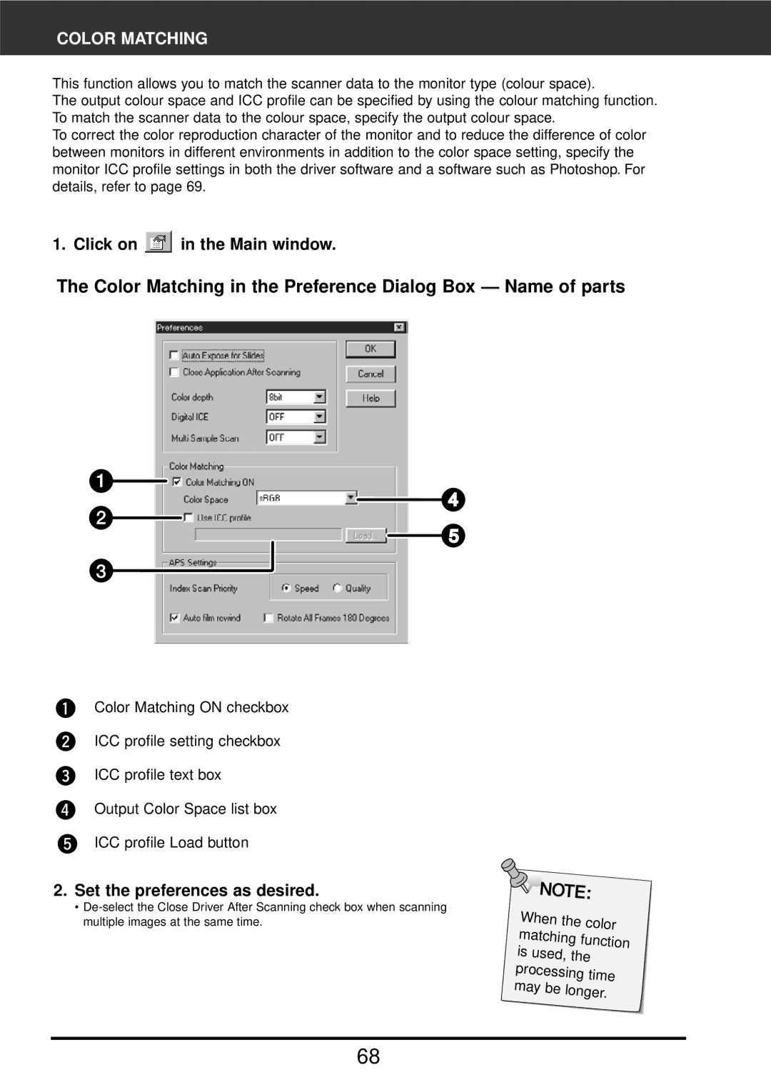 Konica Minolta F-2900 instruction manual Color Matching in the Preference Dialog Box Name of parts 