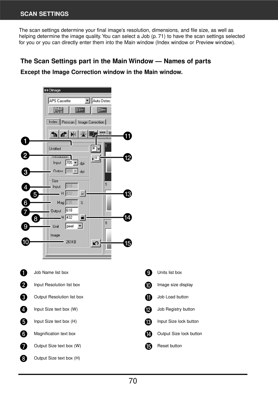 Konica Minolta F-2900 instruction manual Scan Settings part in the Main Window Names of parts 