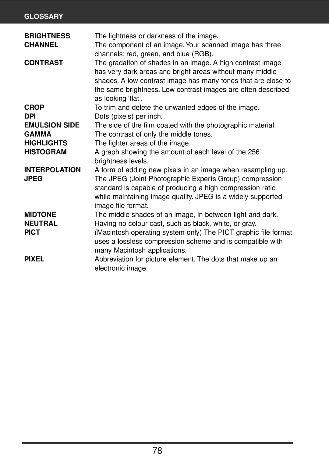 Konica Minolta F-2900 instruction manual Glossary, Contrast 