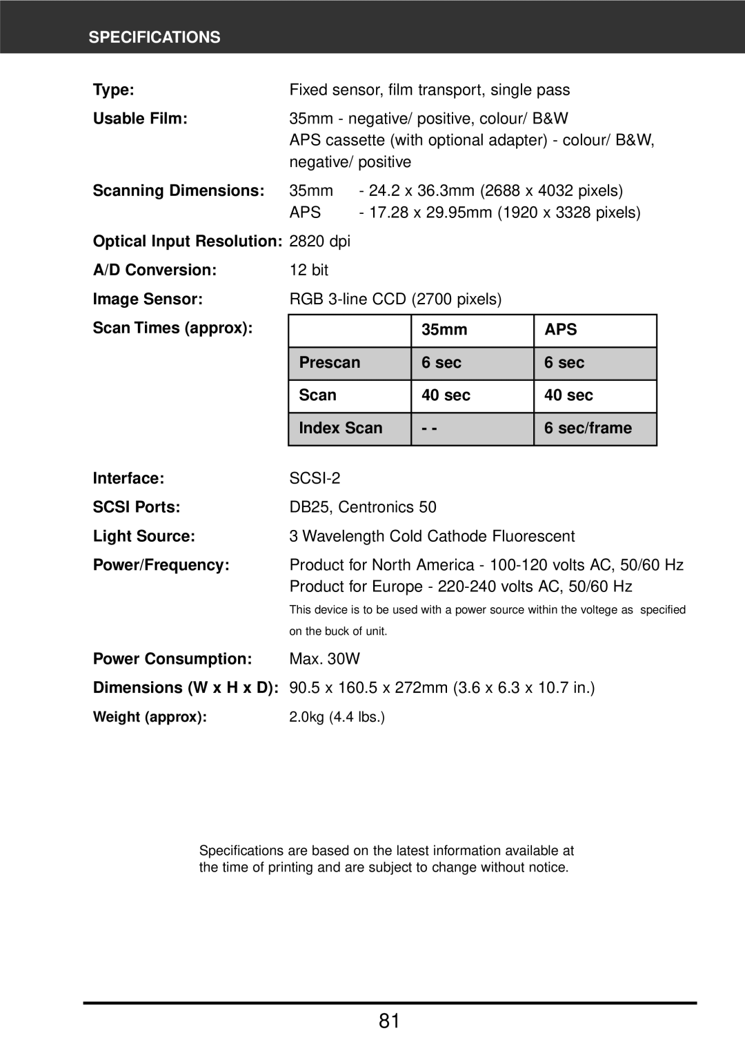 Konica Minolta F-2900 instruction manual Specifications, 17.28 x 29.95mm 1920 x 3328 pixels 