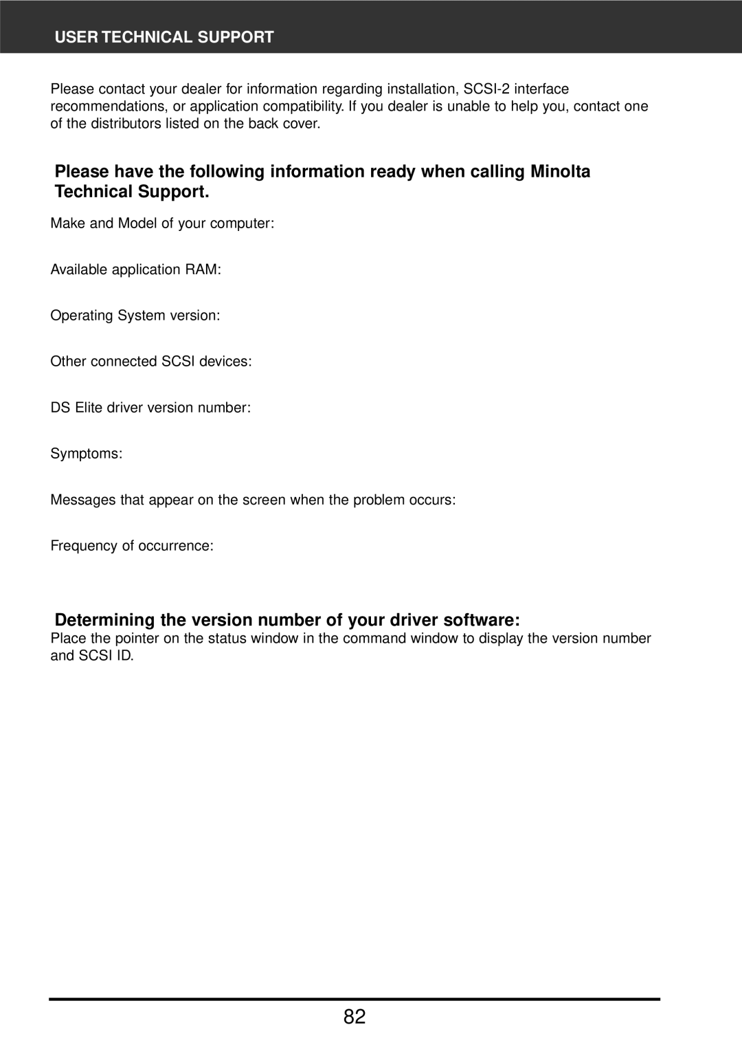 Konica Minolta F-2900 instruction manual Determining the version number of your driver software, User Technical Support 