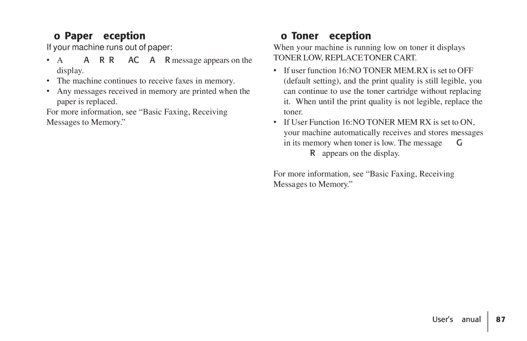 Konica Minolta Fax 9930 user manual No Paper Reception, No Toner Reception, If your machine runs out of paper 