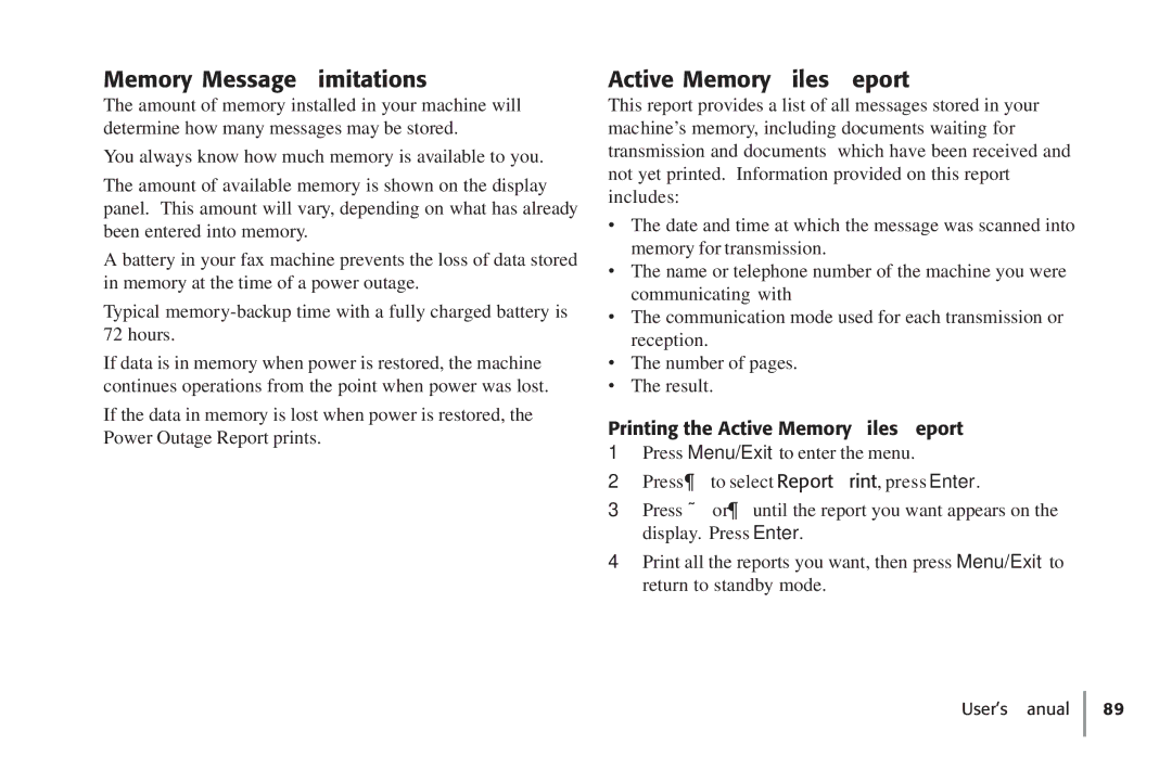 Konica Minolta Fax 9930 user manual Memory Message Limitations, Printing the Active Memory Files Report 