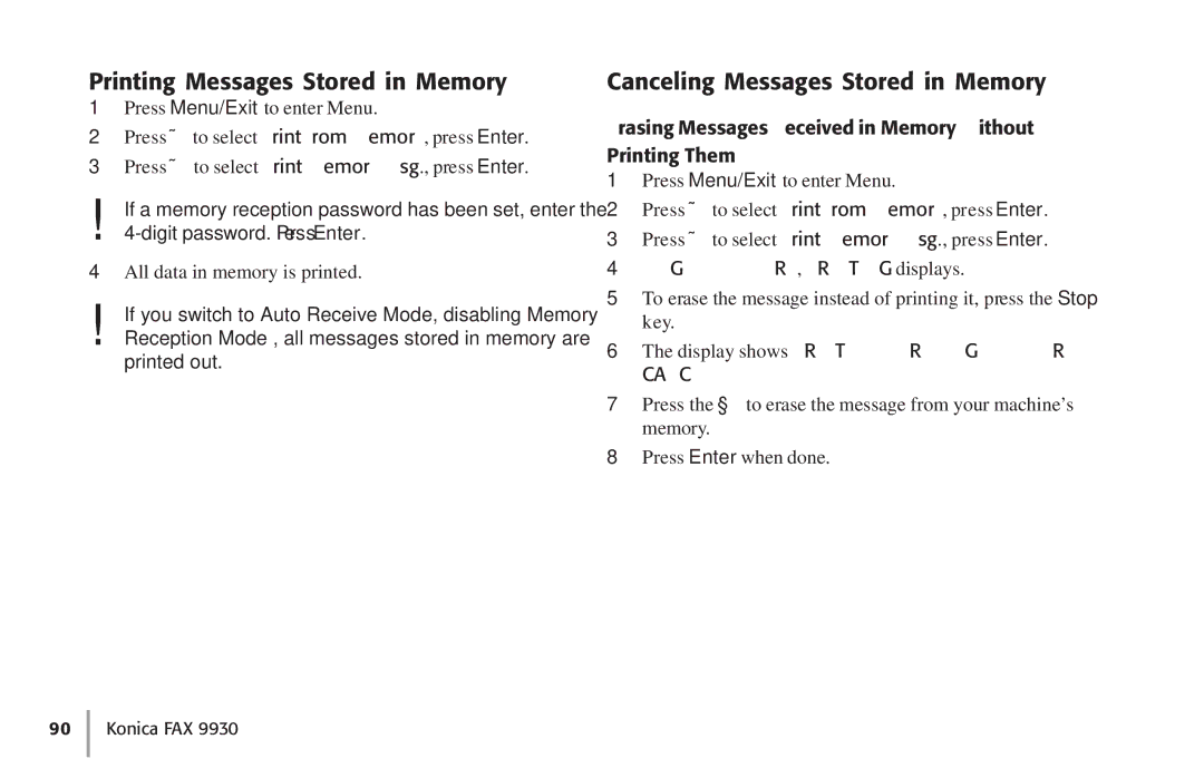 Konica Minolta Fax 9930 user manual Printing Messages Stored in Memory, Canceling Messages Stored in Memory 