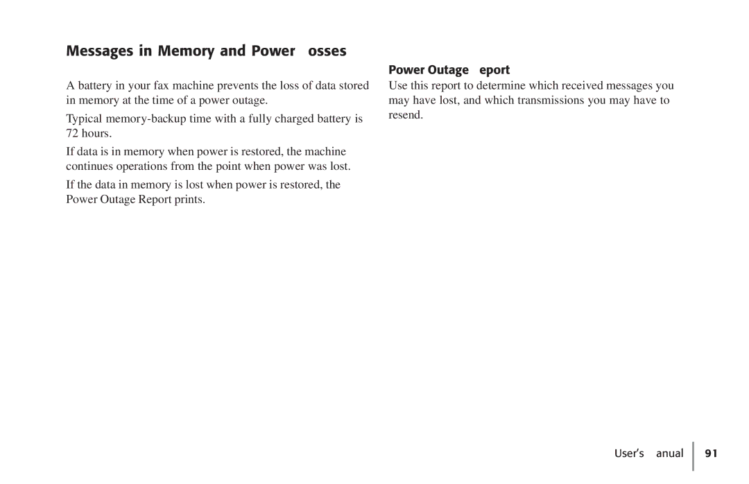 Konica Minolta Fax 9930 user manual Messages in Memory and Power Losses, Power Outage Report 