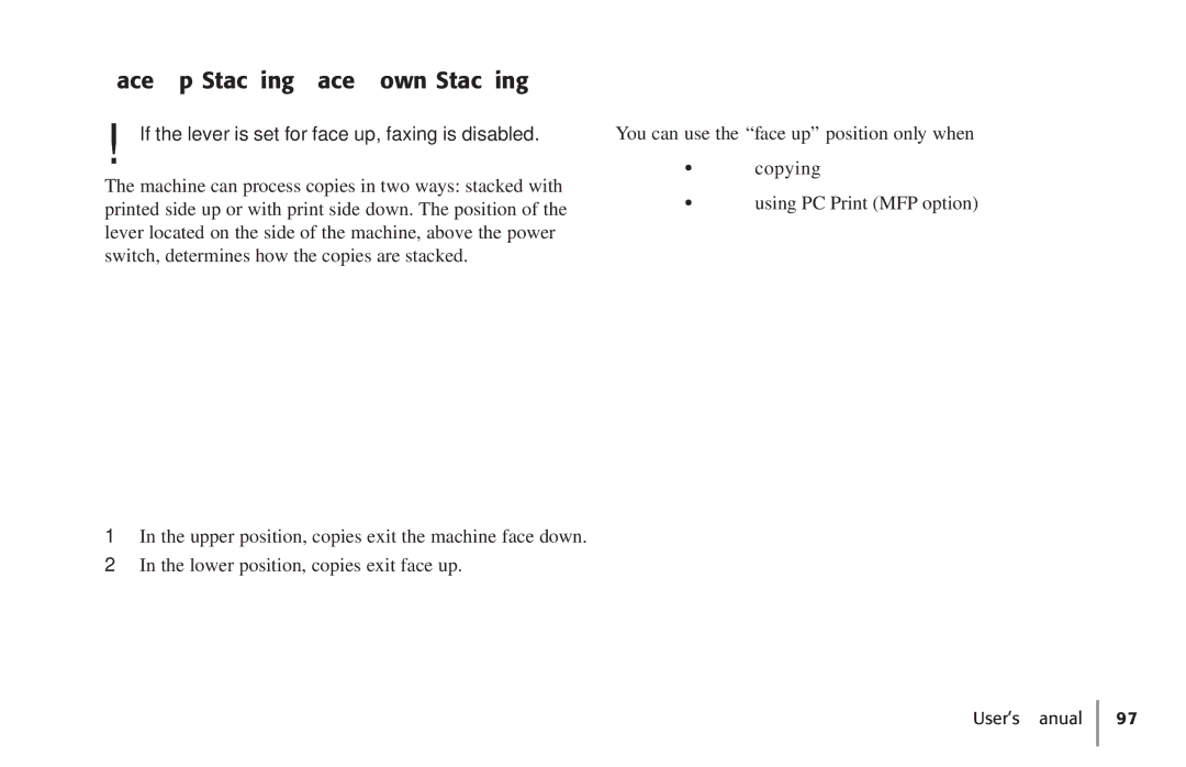 Konica Minolta Fax 9930 Face Up Stacking/Face Down Stacking, If the lever is set for face up, faxing is disabled 