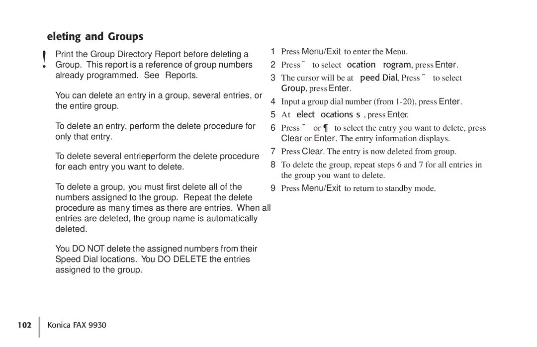 Konica Minolta Fax 9930 user manual Deleting and Groups, At Select Locationss, press Enter 