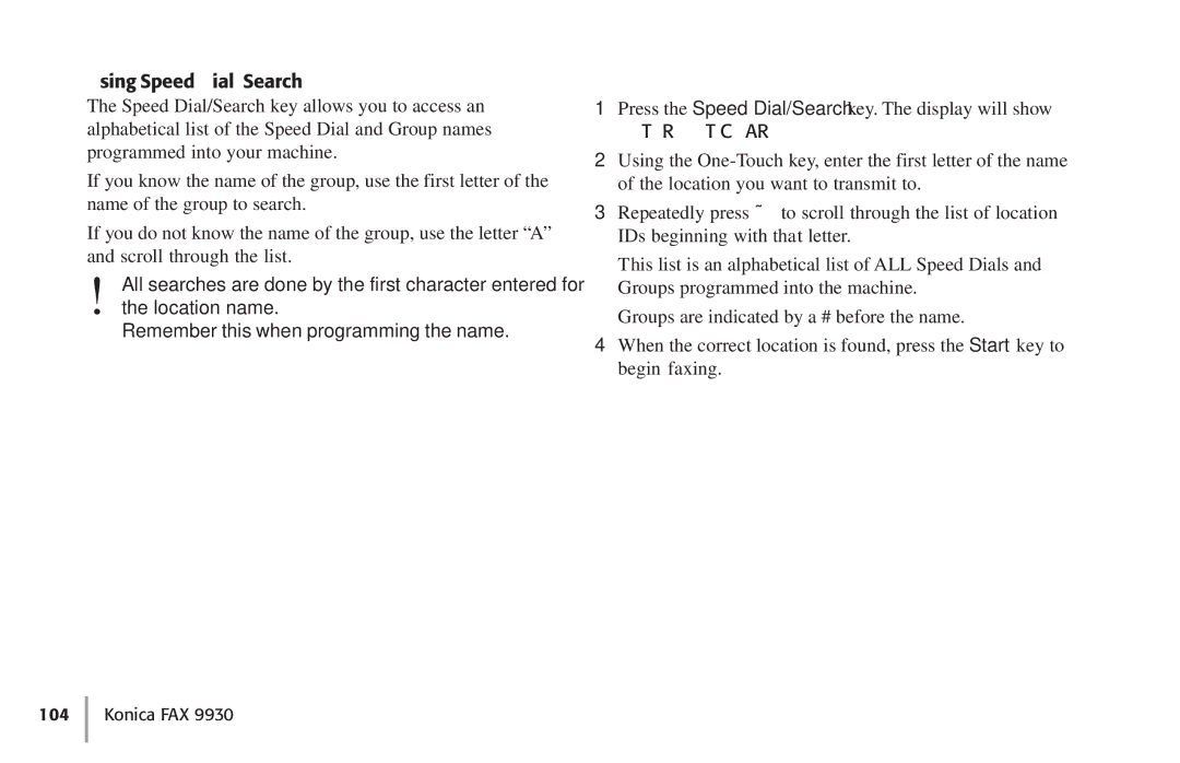 Konica Minolta Fax 9930 user manual Using Speed Dial/Search, Enter 1-ST Char 