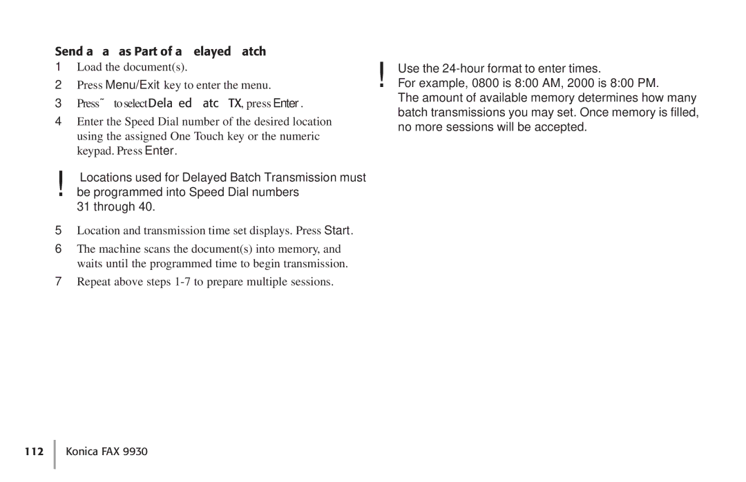 Konica Minolta Fax 9930 user manual Send a Fax as Part of a Delayed Batch 