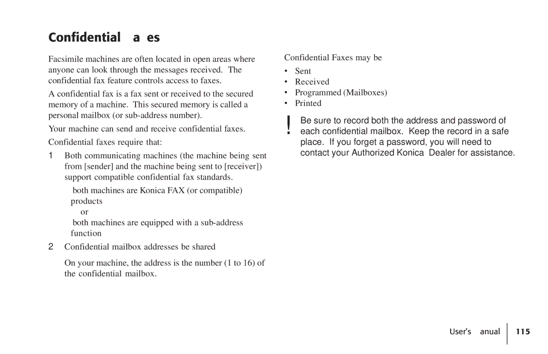 Konica Minolta Fax 9930 user manual Confidential Faxes 