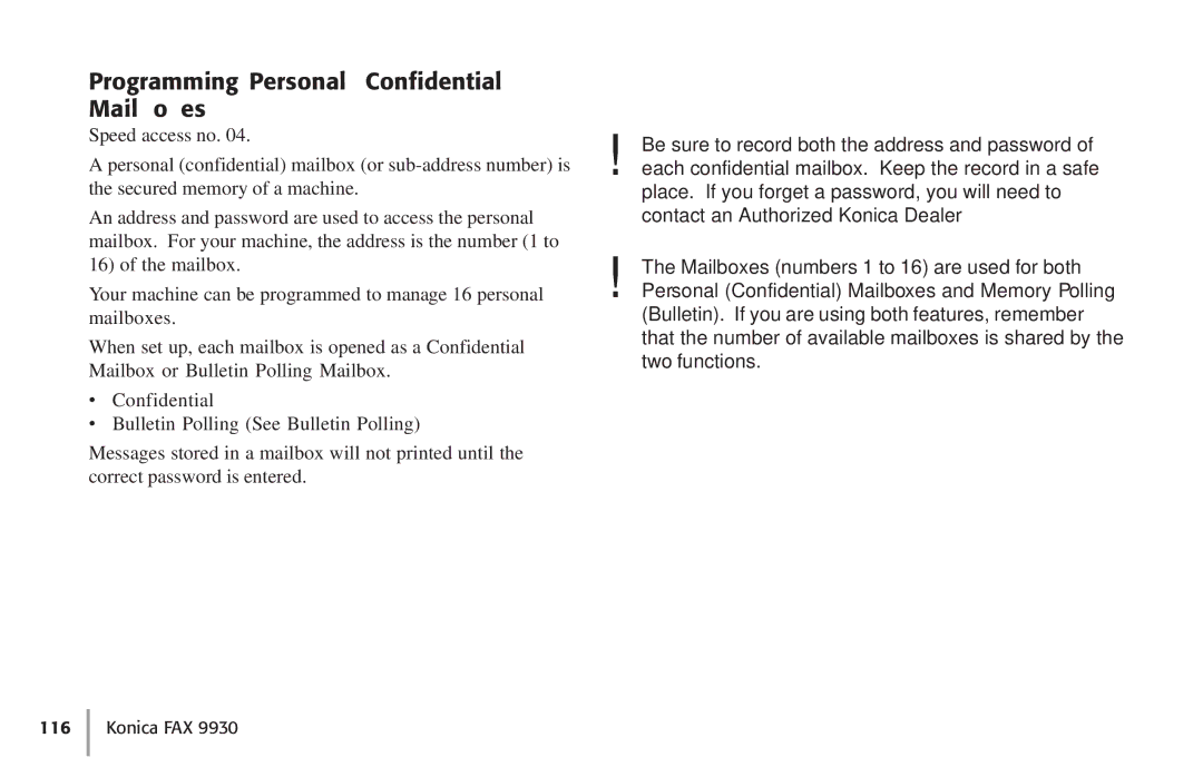 Konica Minolta Fax 9930 user manual Programming Personal Confidential Mailboxes 