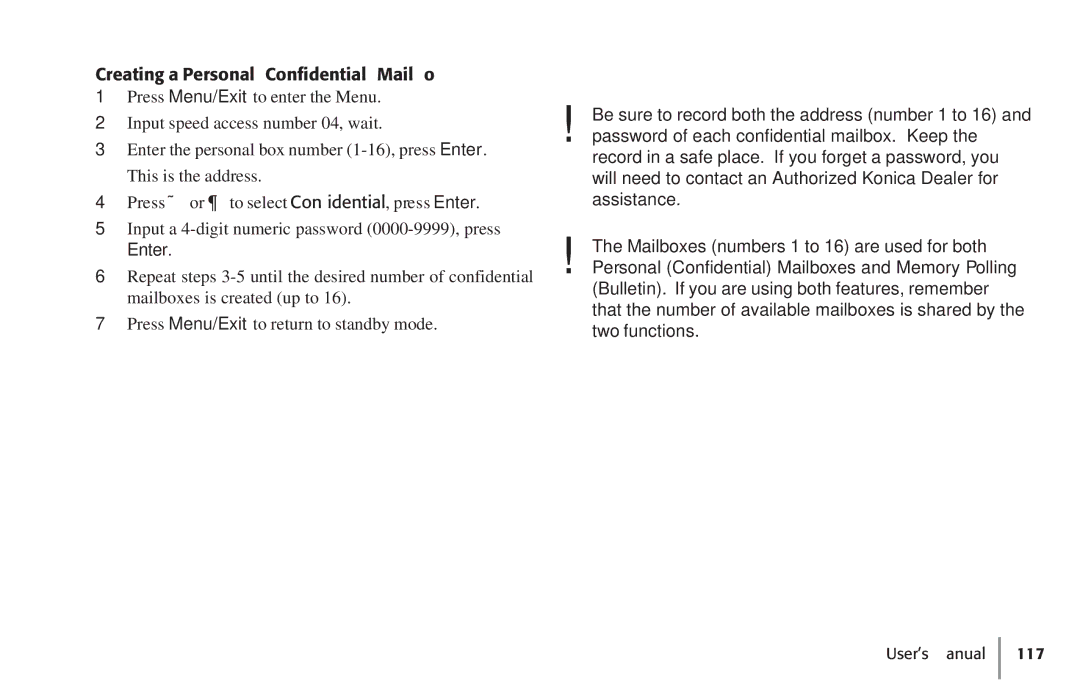 Konica Minolta Fax 9930 user manual Creating a Personal Confidential Mailbox 