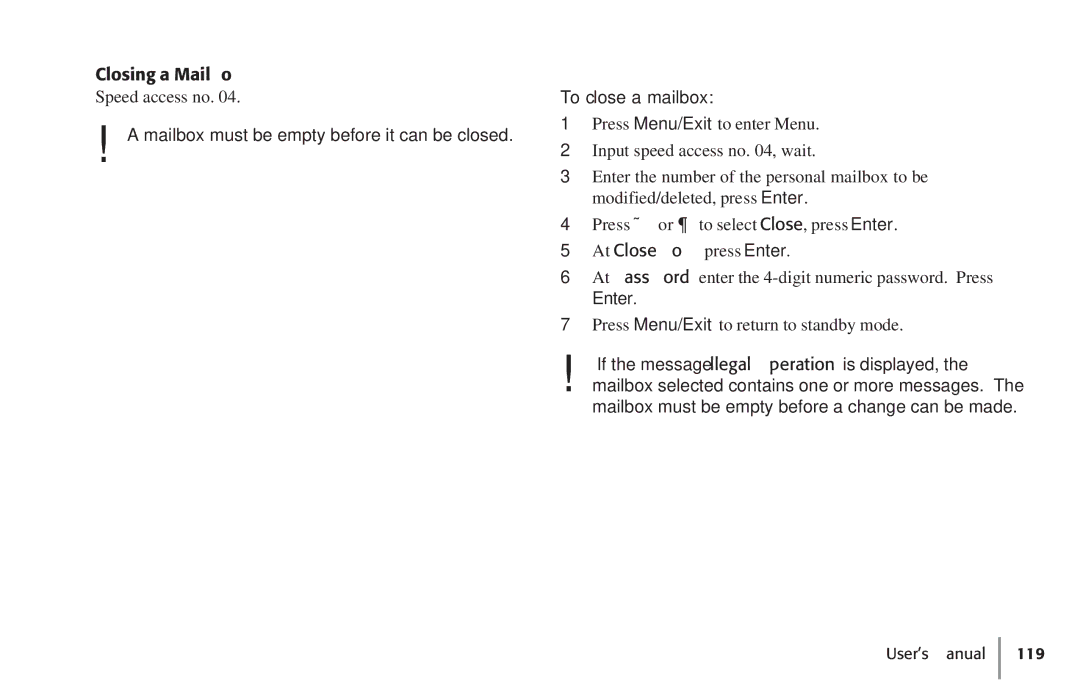 Konica Minolta Fax 9930 user manual Closing a Mailbox, To close a mailbox, At Close Box?, press Enter 