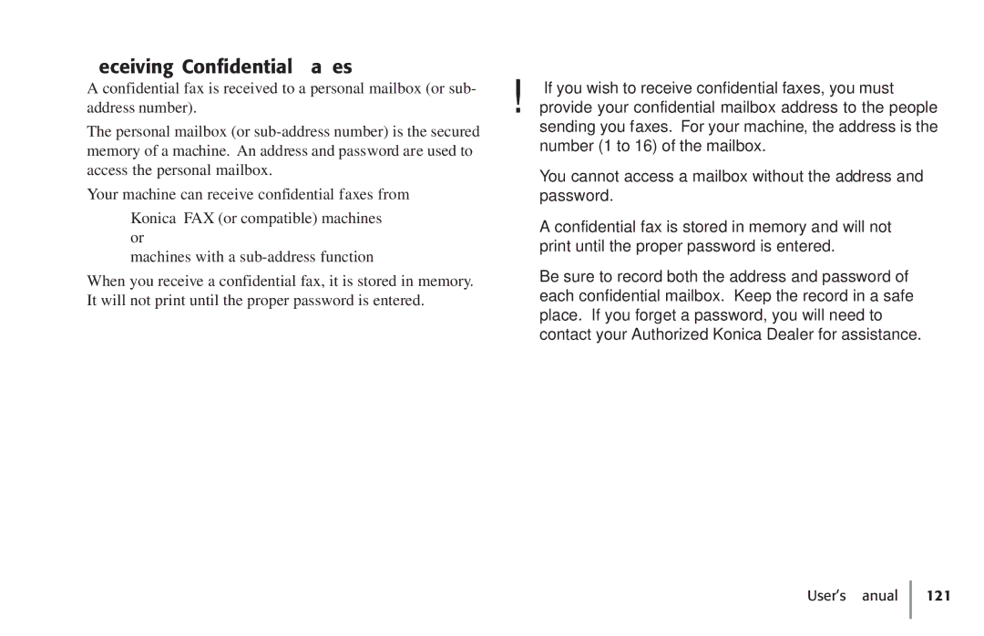 Konica Minolta Fax 9930 user manual Receiving Confidential Faxes 