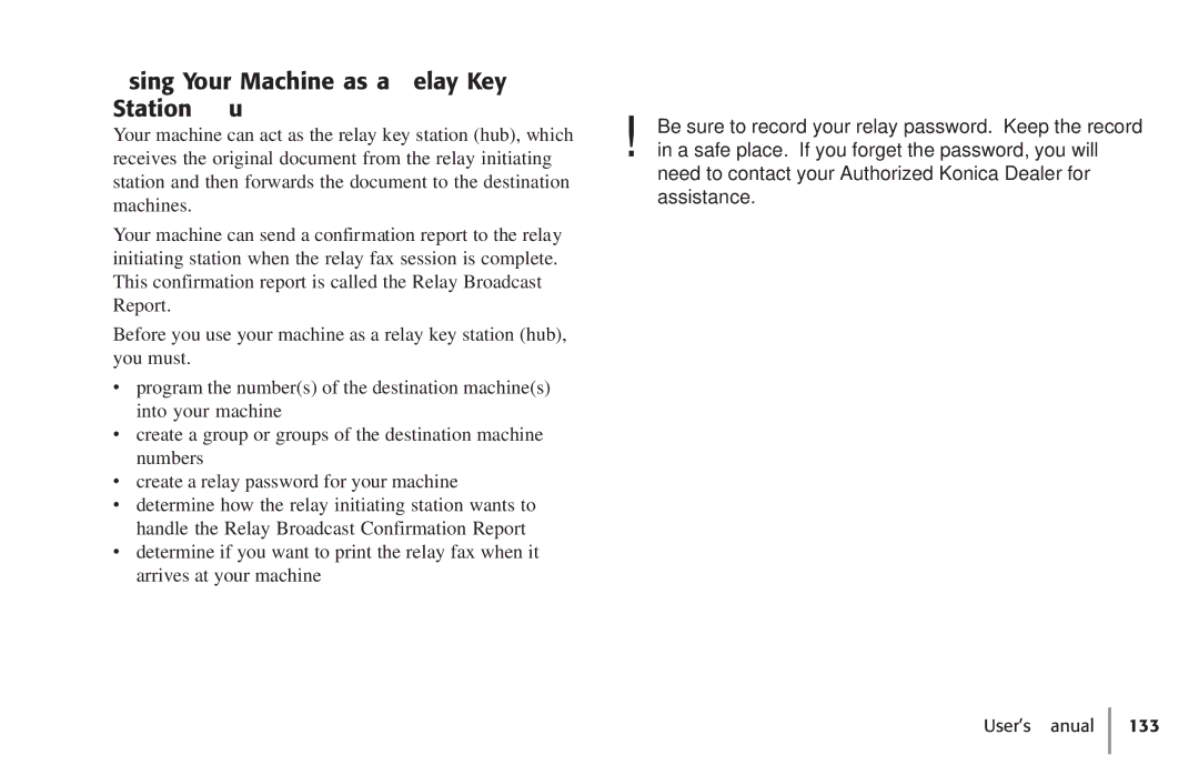 Konica Minolta Fax 9930 user manual Using Your Machine as a Relay Key Station Hub 